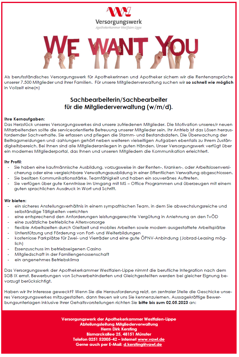 Stellenanzeige Sachbearbeiter/in Mitgliederverwaltung 