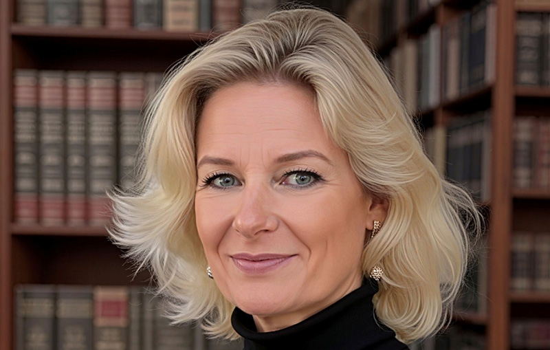 DAs Bild zeigt das Portrait einer Frau mit blonden Haaren. Im HIntergrund ist ein Bücherregal mit dicken Büchern einer Reihe zu sehen.