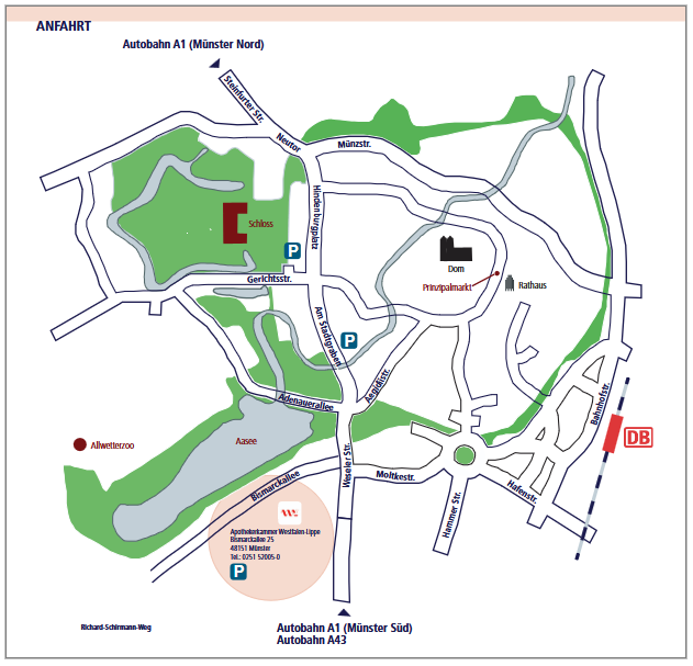 Anfahrtskizze Übersichtliche Linienzeichnung einer Stadtkarte mit markiertem Schloss, Dom, Allwetterzoo, Seen, Parkplätzen und Autobahnanschlüssen